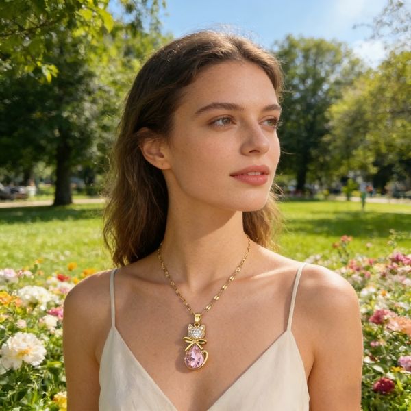 Cute Crystal Cat Pendant Necklace - Gold-Tone Pink Gem Bowknot Choker