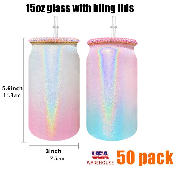 iridescent glitter 15oz holographic shimmer glass can ombre Sparkle shimmer glass mug with bling rhinestone bamboo lid