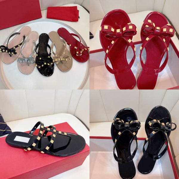

Designer Woman Beach Riveted Slippers Bow Flip-flops Rockstuds Sandals T-Strap Flat Slides Sandals Casual Flat Bottom Sliders 352, A2
