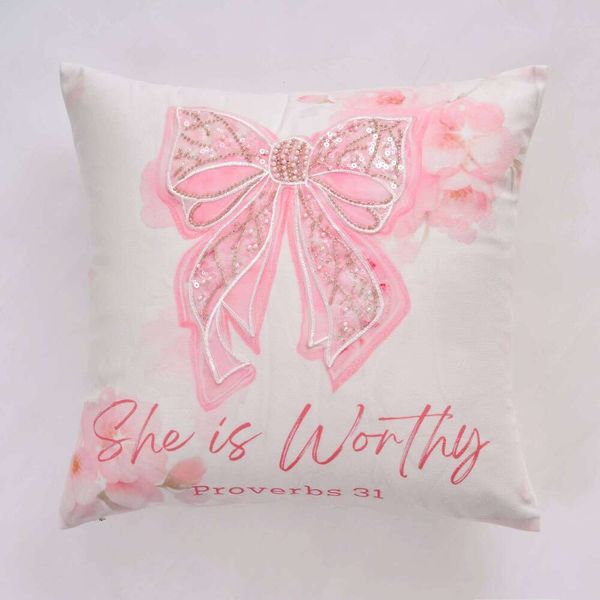 Valentine's Day 45cm Embroidery Pillowcase Pink Bow Short Plush for Living Room, Sofa Throw Pillow Cushion Cover Home Decor, No Inse 26H0113 Pillow Case