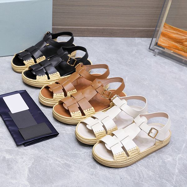 

Mirror Quality Fisherman Espadrille Sandals Designer Women Shoes Raffia Sandales Slipper Brown Leather Mules 1035, A5