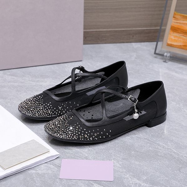 

New Designer Ballet Flats Crystal Mary Jane Shoes Eleri Mesh Ballerinas Shoes Luxury Rhinestone Flat Pumps Breathable Leather Sandals 1036, A3