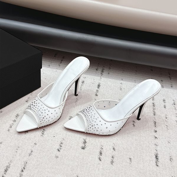 

New Transparent Mesh Slippers Designer Women Fashion Crystal High Heels Leather Sandals Casual Open Toe Evening Shoes 1030, A4