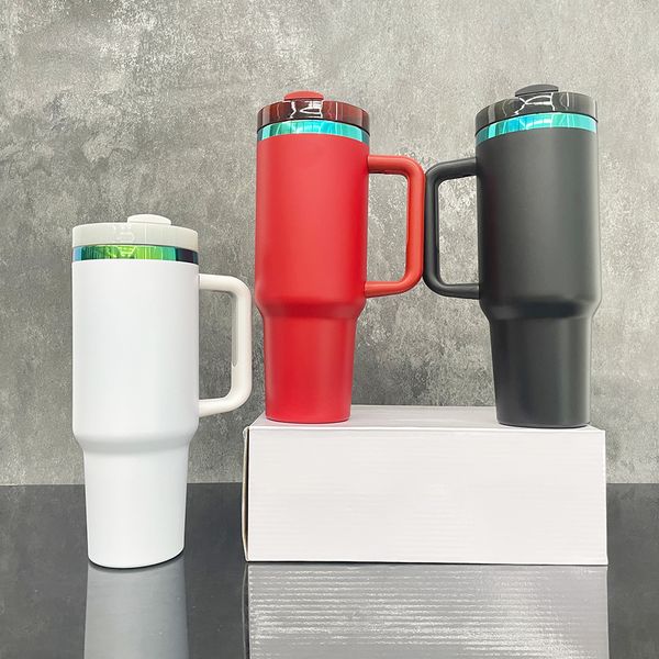 Double walled white and black H2.0 40oz green plated tumbler stainless steel tumbler vacuum insulated mug with handle and straw for laser engrave customized gifts