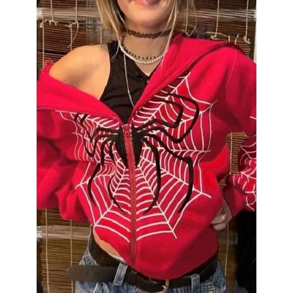 Directional Funds Women's Sweatshirt, Cross-Border Fleece With Spider Web Print, Loose-Fitting Y2k Casual Zip-Up Hoodie