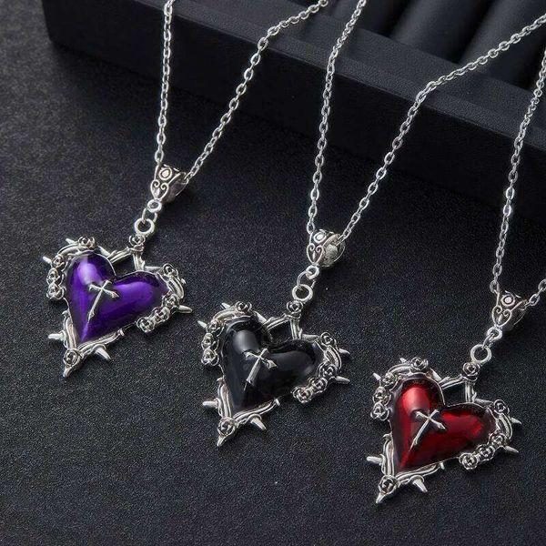 Gothic Thorn Cross Rose Big Heart Pendant Necklace for Women Men Vintage Trend Halloween Party Jewelry Gift