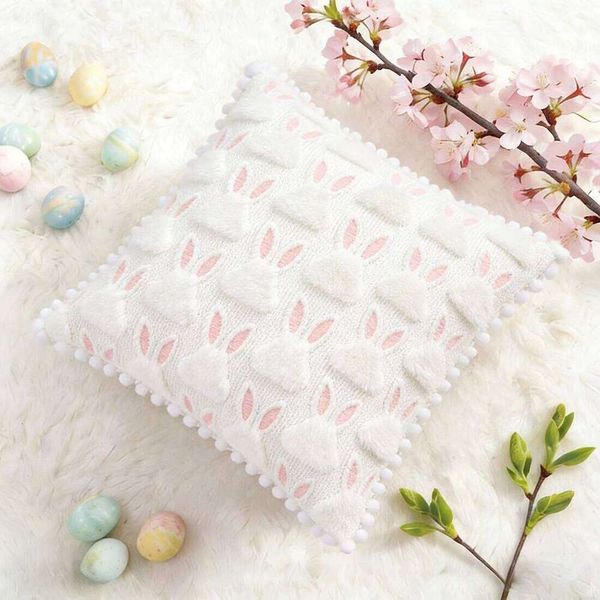 Pillow Case 45cm Embroidery case Embroidered Rabbit Pom-pom Lace, for Sofa Throw Cushion Cover Home Decor, No Insert 26L0117