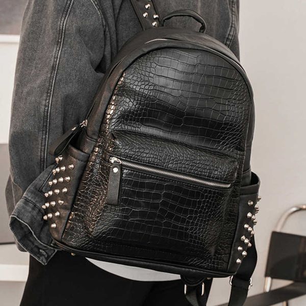 Korean-Style Crocodile-Pattern Studded Backpack Trendy Laptop Bag Student School Unisex Couple