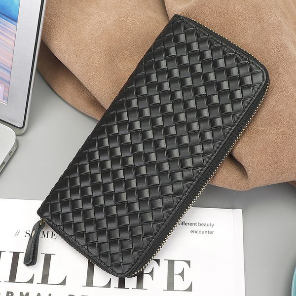 Camida Genuine Leather Wallet Women's Handbag Woven Embossed Long Clutch Multi-card Slots Money Clip Coin Designer Wallet Purse Anti-theft Credit Card
