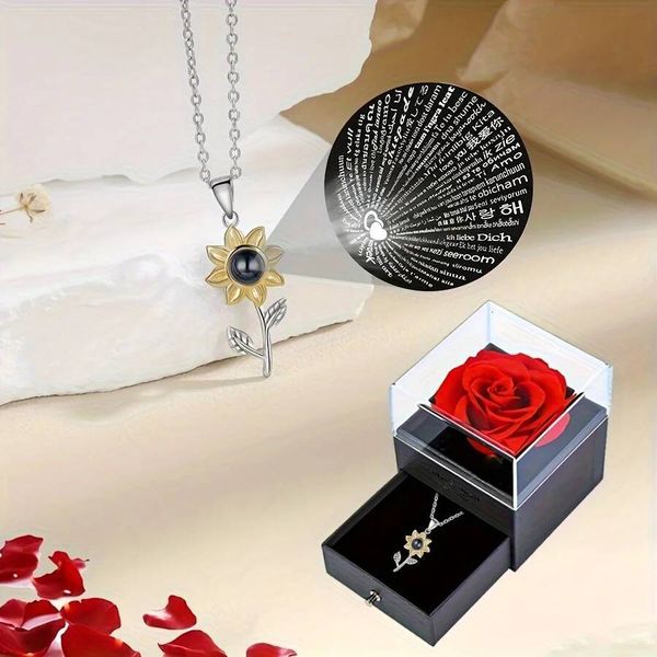 Valentine's Day Luxury Sunflower Necklace With Rose Gift Box 100 Languages I Love You Pendant Jewelry For Wife Mom Girlfriend Romantic Gifts ddmytues