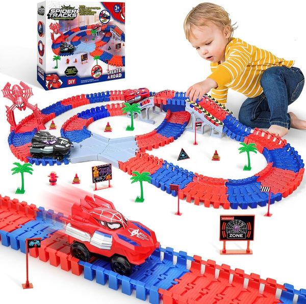 Marvel Hero Race Toy Boys 4 6, 212PCS Flexible Car with 2 Spider Cars STEM DIY Track Playset Gift for Kids Ages 3 4 5 6 7 8