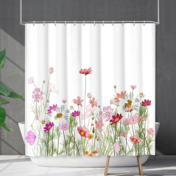 YL-38184 Waterproof Shower Curtain Set with Floral and Plant Designs, Shower Coverage, No Drill Required