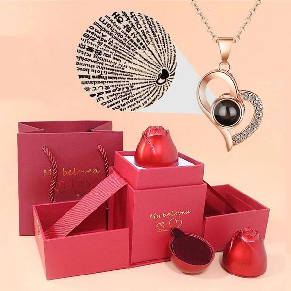 Valentine's Day Heart Projection Necklace 100 Languages I Love You Pendant With Rose Gift Box For Girlfriend 2023 Fashion Luxury Jewelry ddmytues