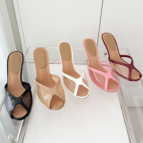 

Elegant Women Mesh Heels Designer Sandal Clear Heels Slippers Patent Leather Pumps Casual Party Summer Sliders Dress Shoes 1039, A5
