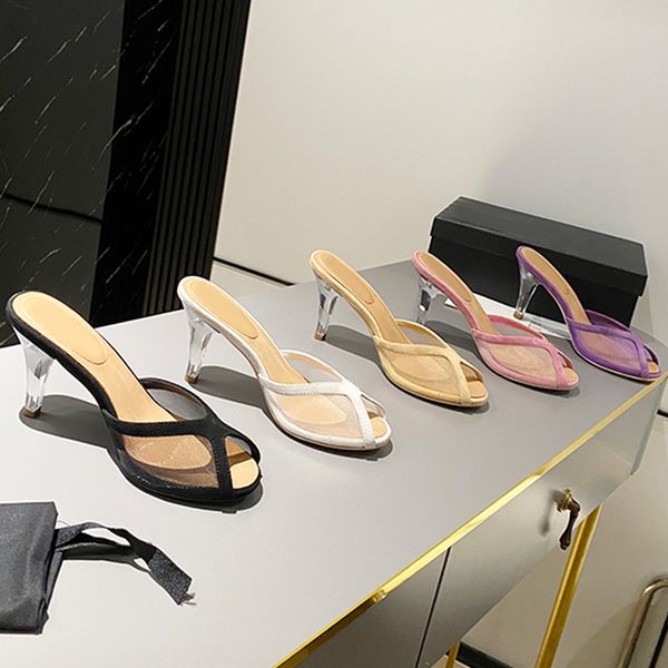 

Hot Designer High Heels Mesh Peep Toe Slippers Clear Heel Sandals Sexy Lace Dress Shoes Rhinestones Letter Buckle Casual Summer Mules 1039, A3