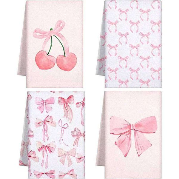 4Pcs, Sweet Pink Cherry Bow Towels, 40Cm*60Cm Towel Set, Super Absorbent Soft Cooking Baking Tea Hand Towel, Cleaning Cloth, Dishclo 26Y0121