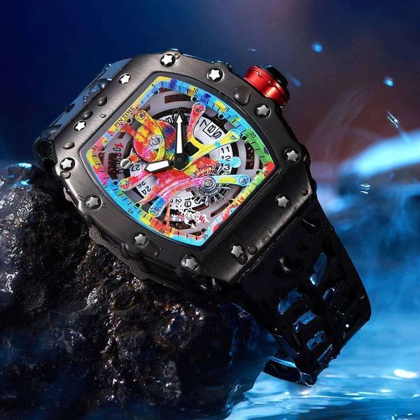 Luxury Watch Tonneau Fashion Men Quartz Watches Classic Graffiti Dial Auto Date Waterproof Sport Wristwatches Clock reloj 26W01122