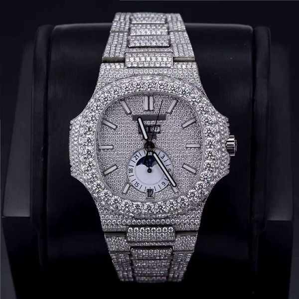 

Luxury Men's Moissanite Diamond Watch 41mm Antique Fully Iced Automatic Wristwatch Stainless Steel High Quality Glass Hip Hop, White