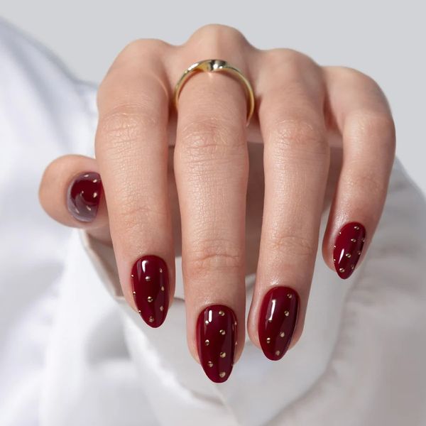 

Cherry Dark Red and Gold Polka Dots Press on Nails, Multi