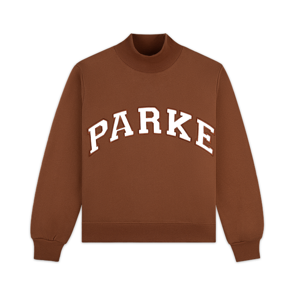 

Parke Hometown Varsity Mockneck Sweatshirts Mocha Embroideried Designer Loose Jumpers Pure Cotton Comfy Hoodies, Denim