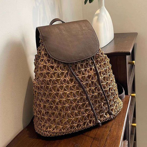 Vintage Women's Fashion Shoulder Bag Versatile Straw Woven PU Leather Elegant Luxury Backpack Z260124