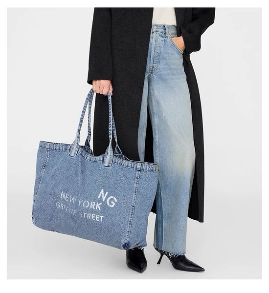 

26ss Denim One-Shoulder Tote Bag Designer Large Letters Shopping Bags Canvas LEO Handbags, Sky blue