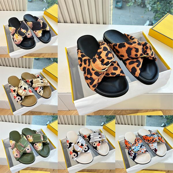 

Free Shipping Men Designer Sliders Multicolor Satin Slide Womens Feel Knotted Sandal Leopard Print Satin Slippers Summer Beach Sandale 1046, A5