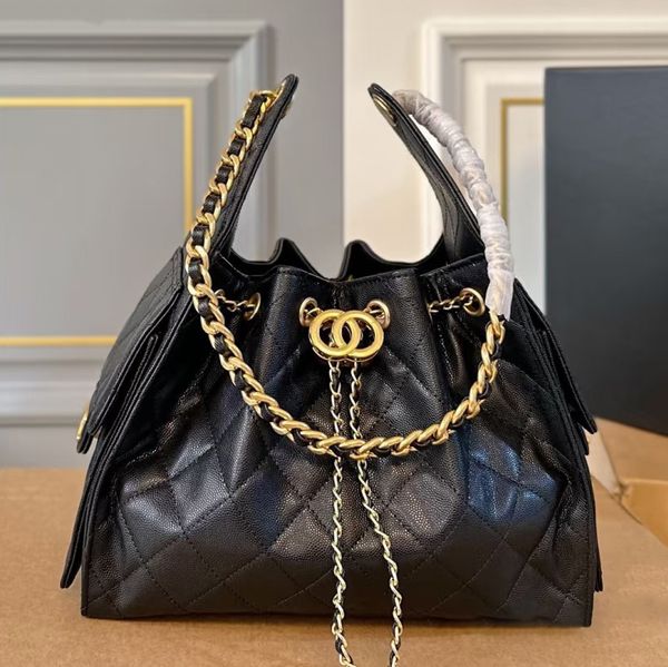 

Designer bag 25 bag shoulder bag tote bag genuine leather black gold cowhide drawstring bag hobo armpit bag diamond grid chain single shoulder playful leather bag, #20-caviar-25x20x12cm