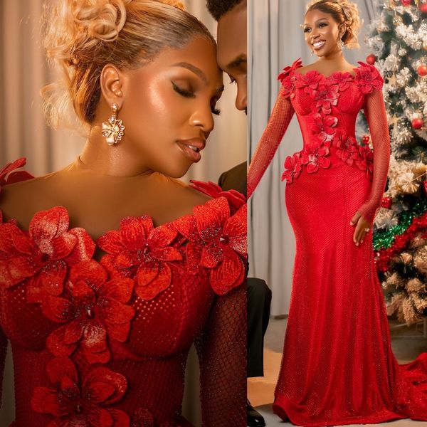 Aso Ebi Red Mermaid Nigerian Prom Dresses 2026 Flowers Sheer Neck Sequined Evening Formal Party Second Birthday Engagement Gowns Dress For Special Occasions