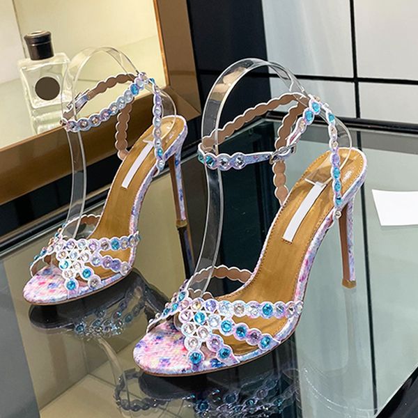 

Genuine Leather Tequila Sandals With Crystals Designer Heels Rhinestone Embellished Sandals Fashion High Heel Party Dress Shoes 1047, A10