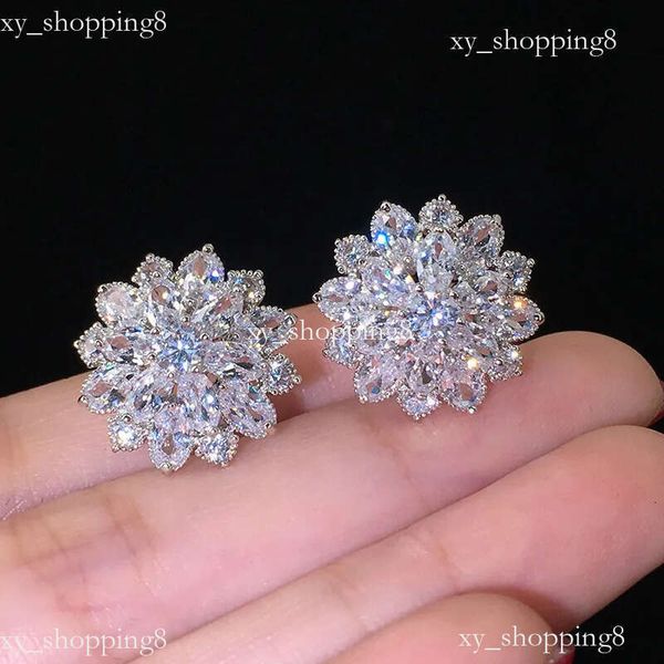 Summer Beach Moissanite Flower Earrings For Women Sterling Sier Double Shining CZ Zircon Dia Stud Earring brincos Wedding Party Gifts