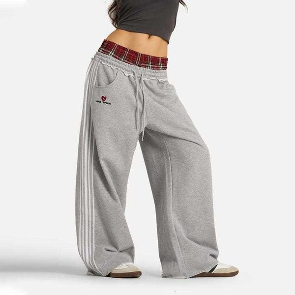 waist Double worn loose sports pants checkered patch drawstring wide leg pants sports pants casual pants straight leg pants S260801PKK1