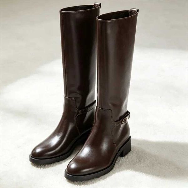 Brown Chunky Heel Knight Boots Women Comfort Waterproof Knee High Boots Metal Design Designer Winter Boots H260803