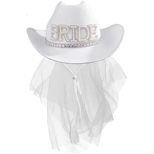 Bride White Cowboy Veil Hat Pearl Rhinestone Wedding Cowgirl Hat Bach Bachelorette Hen Party Bridal Shower Decoration Gift 260616BJ
