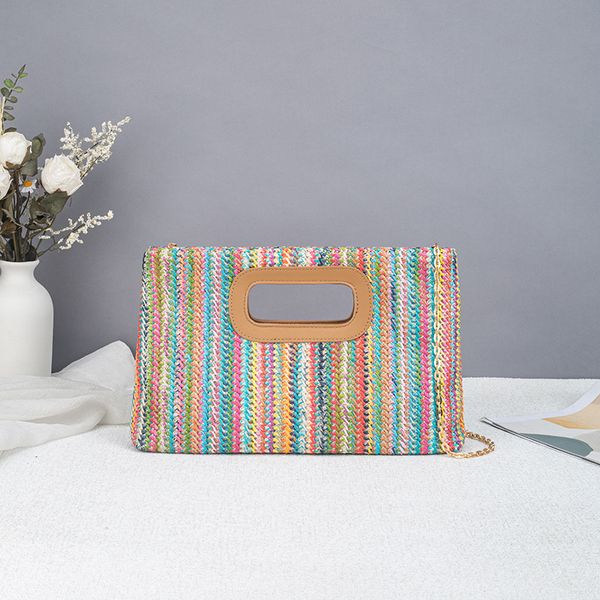 Eco Friendly Straw Clutch Bag Beach Vacation Colorful Woven Handbag Leopard Detachable Chain Crossbody Bag Women Shoulder Bag