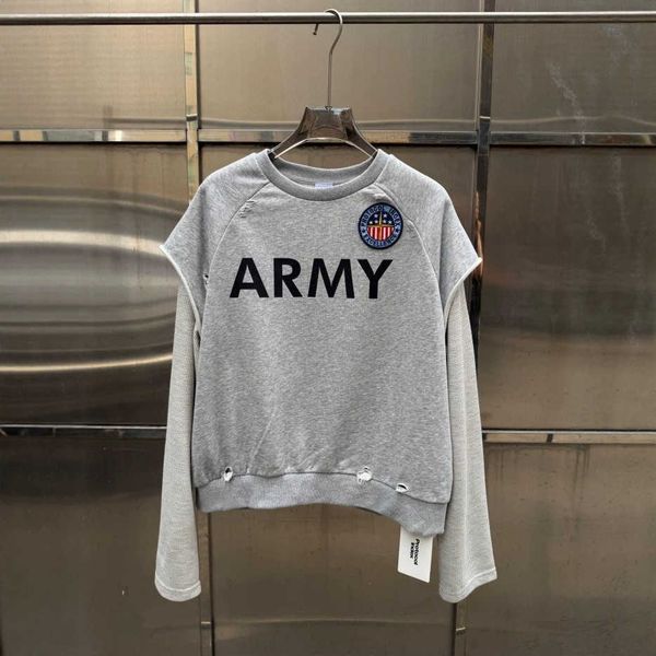 TALK faux two-piece patchwork distressed badge embroidered waffle knit long-sleeve sweatshirt L2687