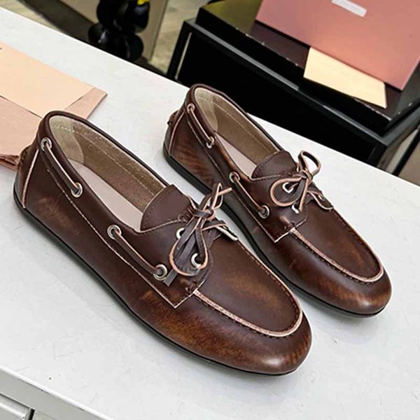 Designer Faded suede Deck shoes Women Bow Tie Boat Loafers Burnished Cowhide Suede Slip On Flat Luxury Vintage Casual Loafer Shoes