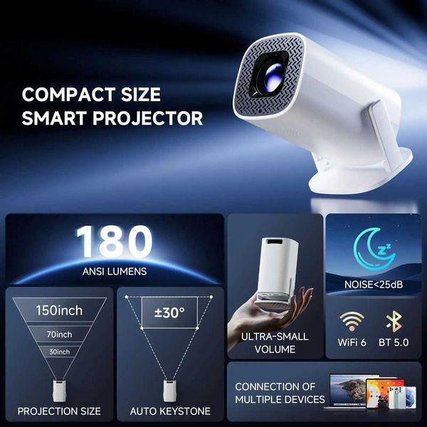 P30PRO Android 14 Smart Mini Projector ports 4K HD Video WiFi 6 BT5.0 Native 720p He Theater Outdoor Portable Projector J260810