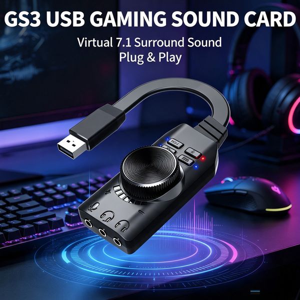 GS3 Portable USB External 7.1 Channel External USB Computer Game Sound Card for PUBG Gaming External Audio Card 3.5mm USB Adapter Plug and Play PC Laptop