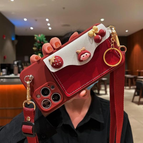 Cartoon Wine Red Girl Card Holder Compatible with Apple 16 Phone Case iPhone 17 Crossbody 15/14 Protective Cover 13/12