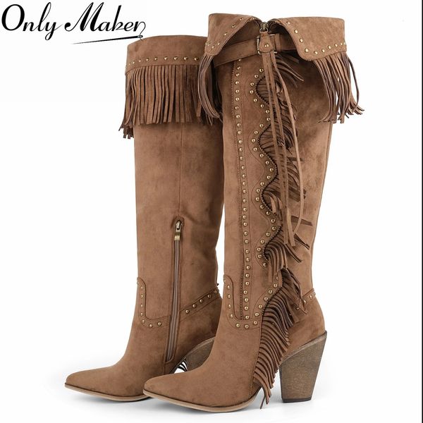 Onlymaker Women Pointed Toe Fringe Rivet Brown Faux Suede Leather Knee High Boots Side Zipper Block Heel Western Cowboy Boots 260810