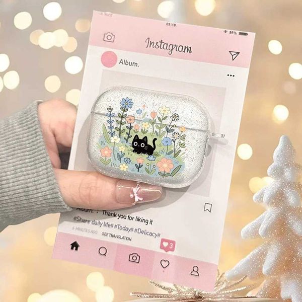 Cute Black Cat Flower Glitter Protective Case for AirPods 4/3/2/1 Earphone Case For AirPods Pro3/Pro2/Pro Shockproof Soft Cover C260811 from DHgate