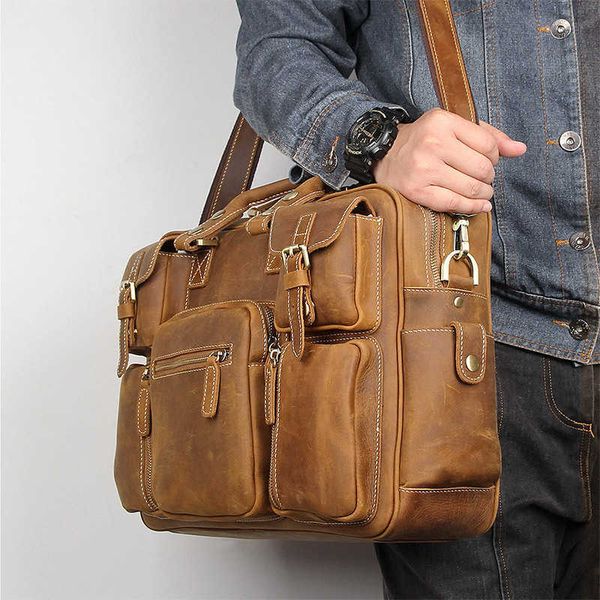 Men Vintage Crazy Horse Luufan Leather Briefcase 15.6" Real leather Business Bag Cow Leather Laptop Messenger Bag Big Work Tote H260813