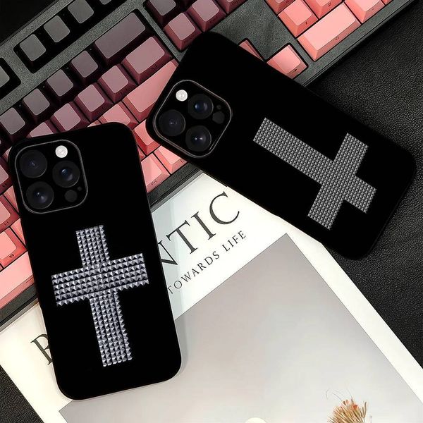 Cross Studded Black Phone Case black silicone soft Shell For IPhone 17 16 15 14 13 12 11 Air Pro Max Plus J260814