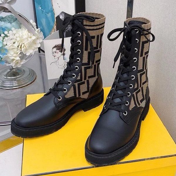 Elegant womenfolk leather biker boots vintage style Knitted patchwork lace up Martin boots Daily commuting office Ankle Boots