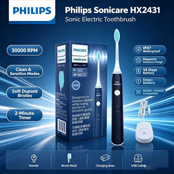 Philips Sonicare HX2431 Sonic Electric Toothbrush, USB Rechargeable Sonic Pulse Toothbrush - 30,000 RPM, IPX7 Waterproof, 2-Minute Timer, Clean And Sensitive Modes, Soft Bristles