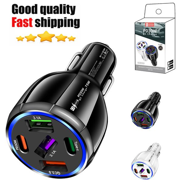 75W 5-Ports Car Charger PD 30W QC 3.0 Fast Charging 15A USB Type C Car Phone Charger 12V-24V PC Fireproof for iPhone Samsung