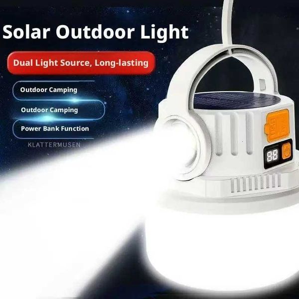 Portable LED Camping Lamp Solar Rechargeable Dual Light Outdoor Lantern with Power Bank Digital Display for Emergency Hiking