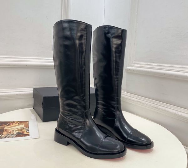 Designer Womens Dress Shoes Luxury Women Over Knee High Boots Fashionable Round Toe Knee Length Flat Leather Knight Boots For Girls Party Shoes