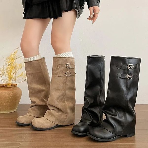 Women Slouchy Knee High Boots Vintage Buckle Long Boots Fashion Chunky Heel Round Toe Faux Suede Leather Boot C260902